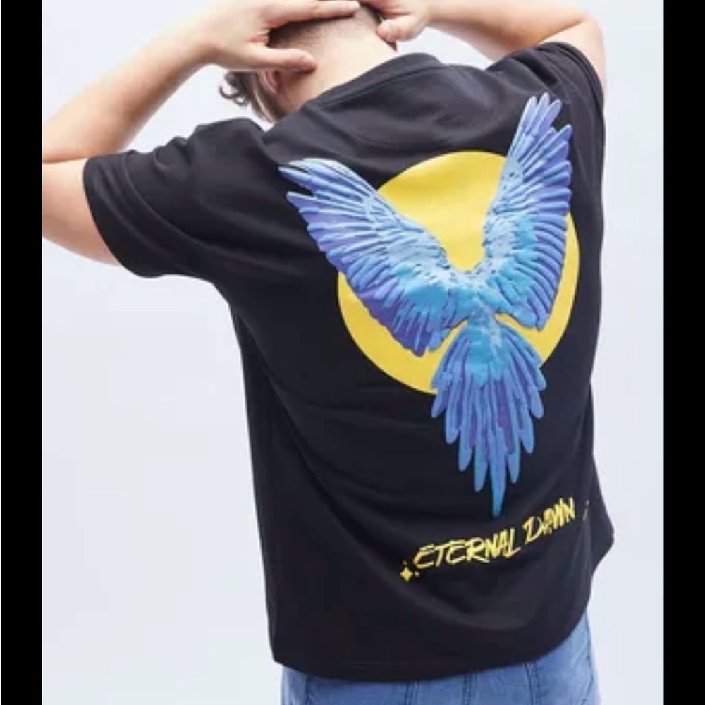 Men's Black Cotton T-Shirt Eternal Dawn Blue Macaw Graphic Print Fugazee XXL